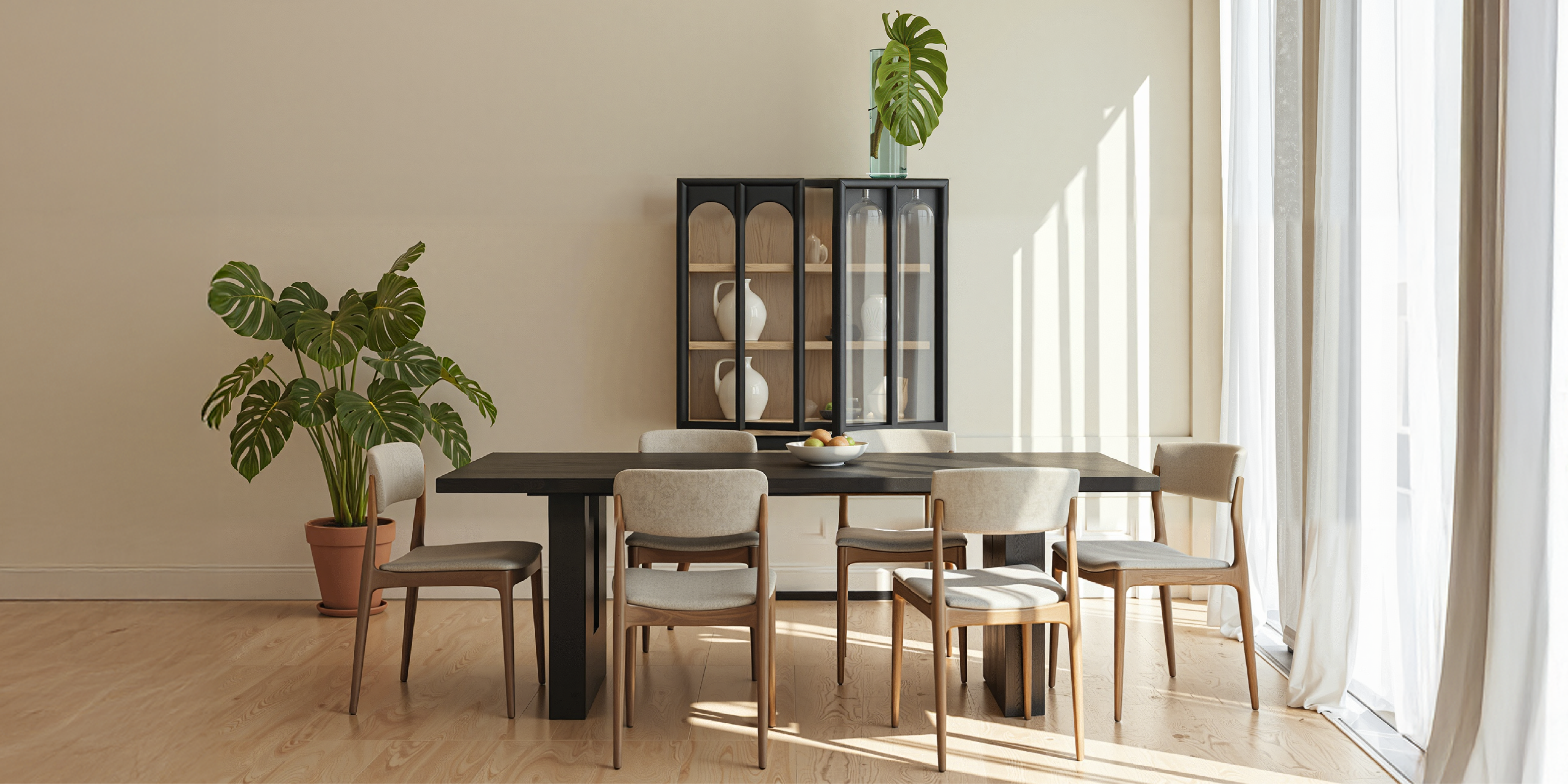 Modern dining room with wooden chairs, dark dining table, glass-door cabinet, and natural light streaming through sheer curtains.