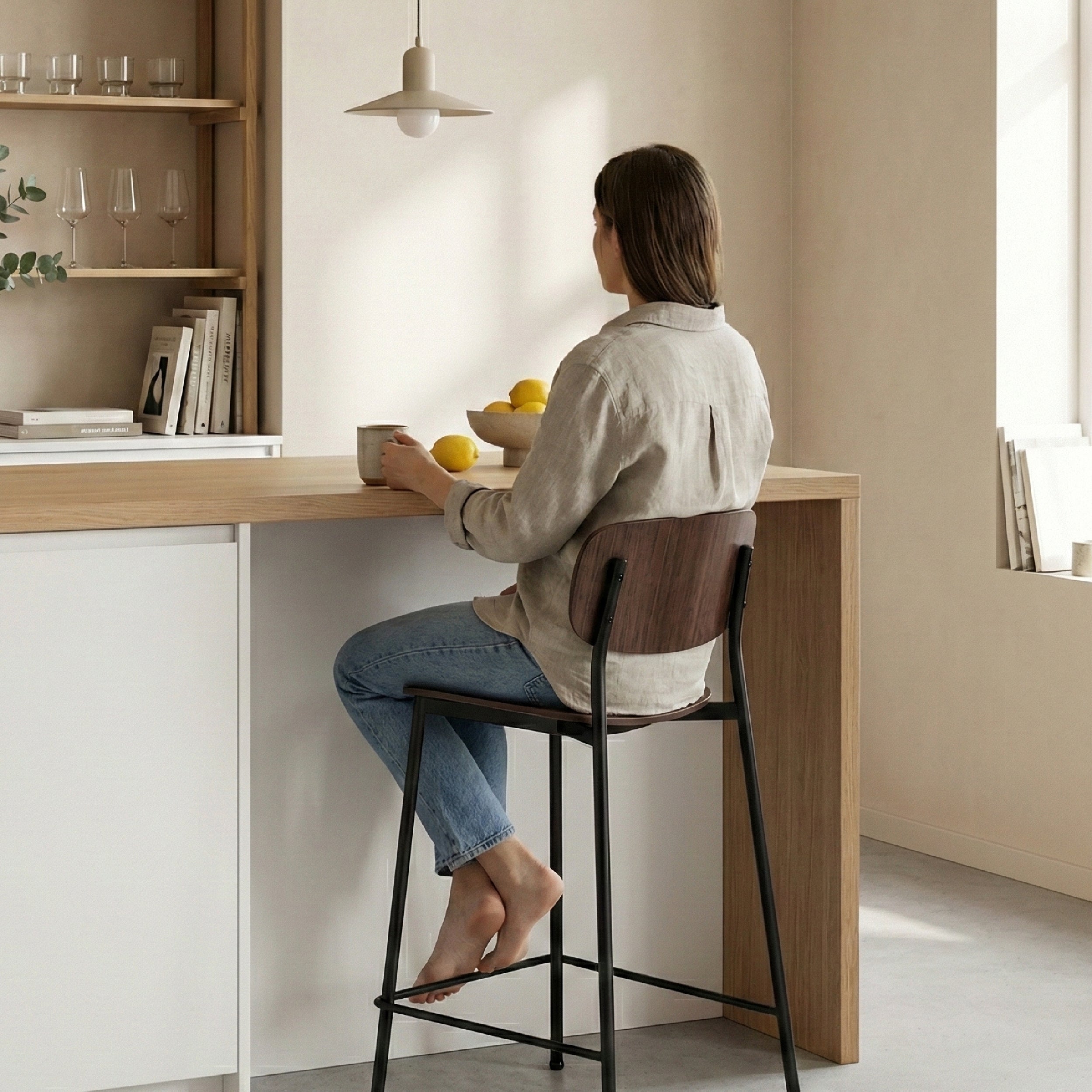 COLAMY Modern Bar Stool ORINO with Oak Veneer & Steel Frame