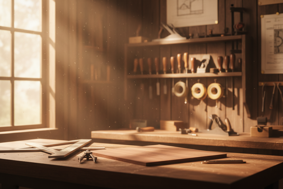 A warm, softly lit vintage woodworking workshop interior. On a foreground workbench, scattered drafting tools and a piece of smoothly polished wood. A background shelf holds various handcraft tools. Subtle wood dust particles floating in sunbeams. Style of realistic photography, sharp focus, warm color palette, conveying the dedication and passion of an artisan.