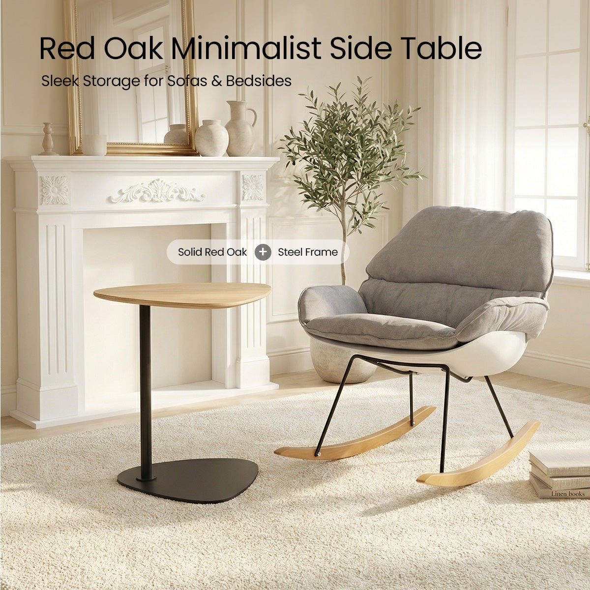 COLAMY AVERON Modern Solid Oak & Iron Side Table - COLAMY