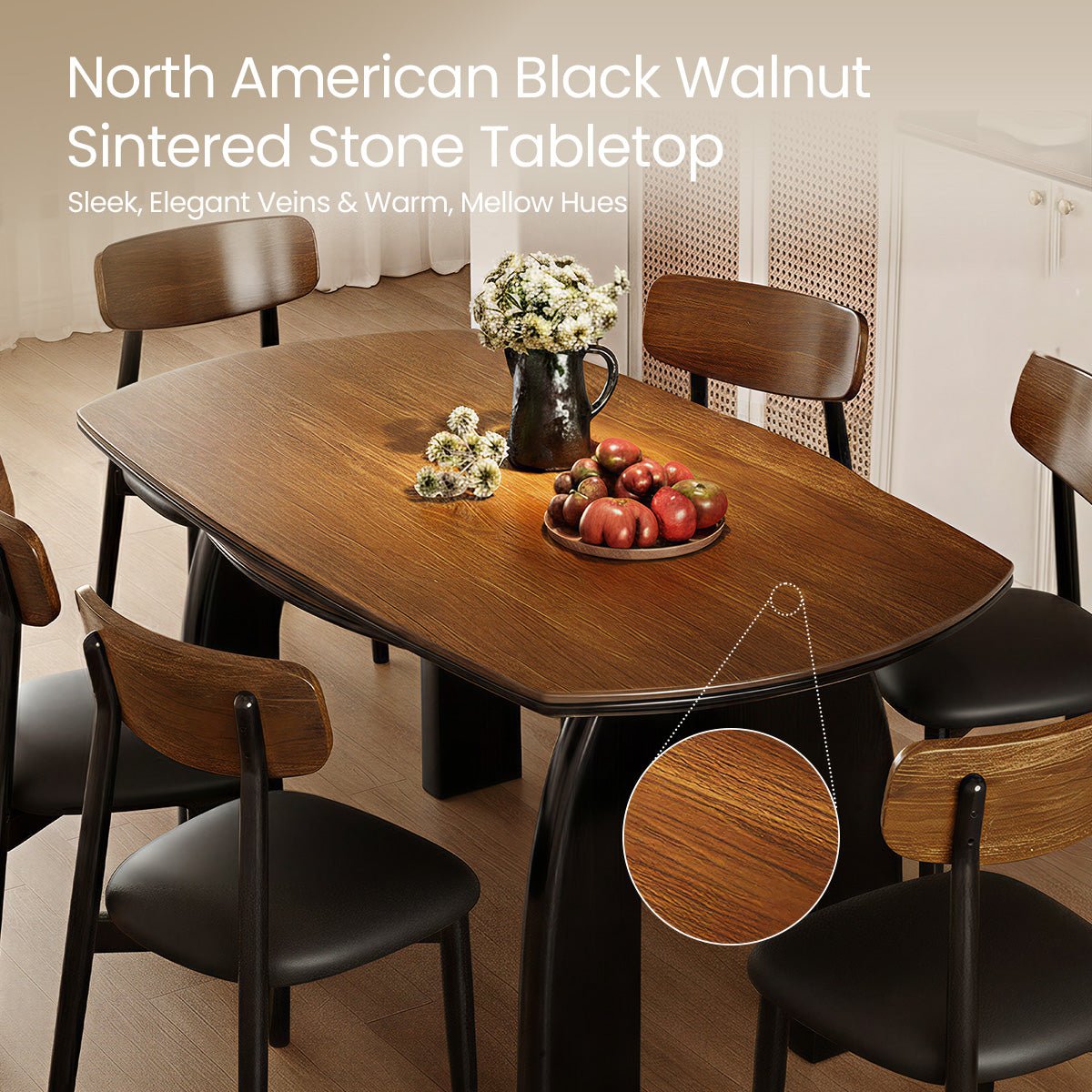 COLAMY VELMORA Modern Walnut Stone Extendable Dining Table - COLAMY
