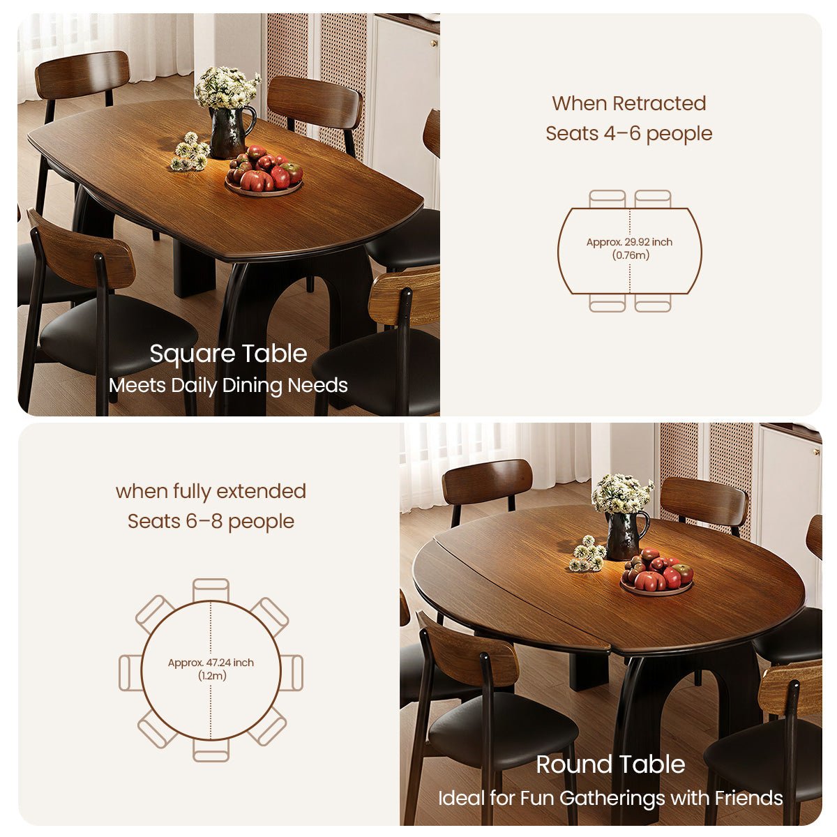 COLAMY VELMORA Modern Walnut Stone Extendable Dining Table - COLAMY