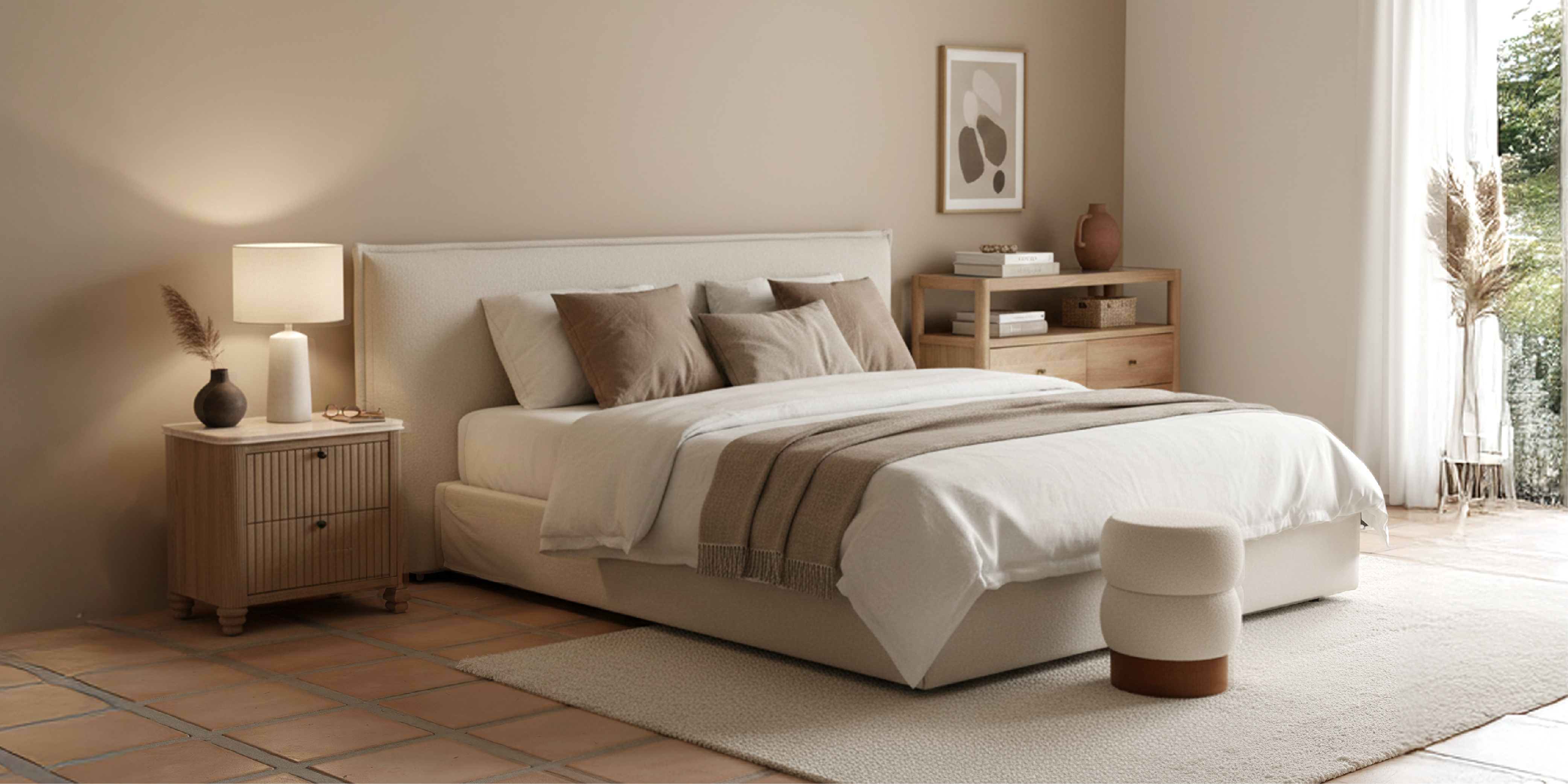 Modern bedroom furniture set with upholstered platform bed, wooden nightstand, neutral bedding and minimalist decor in a warm contemporary interior.